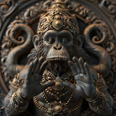 Dunkle, verzierte Affenstatue im Stil südasiatischer Mythologie